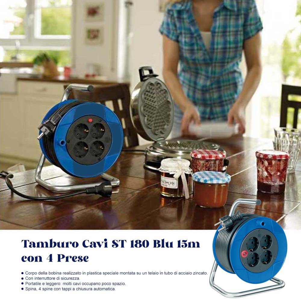 Tamburo Cavi ST 180 Blu 15m con 4 Prese
