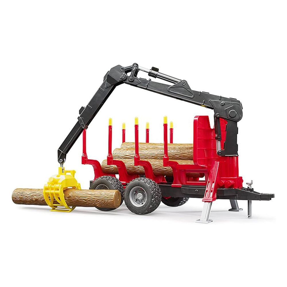 Set di rimorchio a due assi per il trasporto di legname, completo di gru e quattro tronchi
