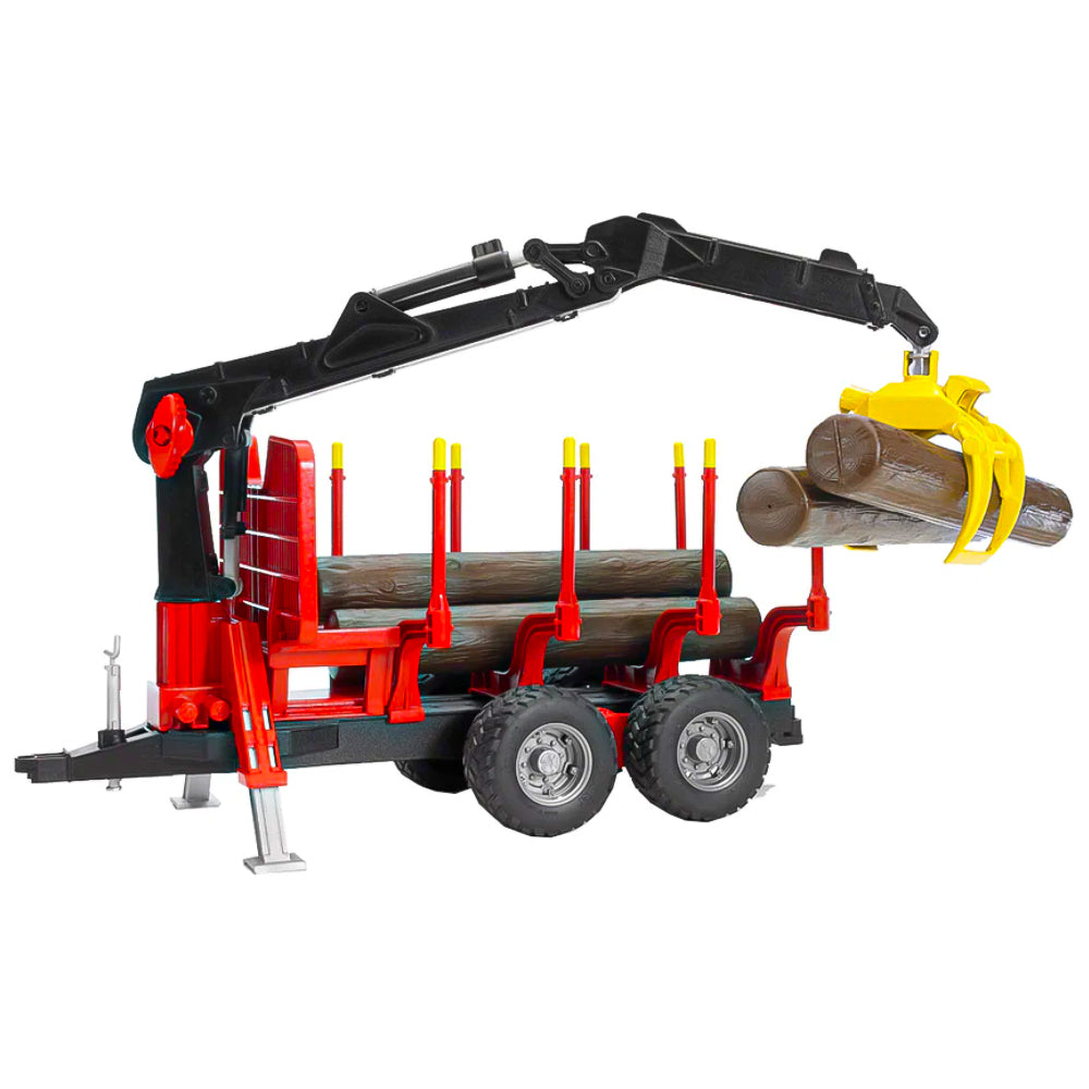 Set di rimorchio a due assi per il trasporto di legname, completo di gru e quattro tronchi