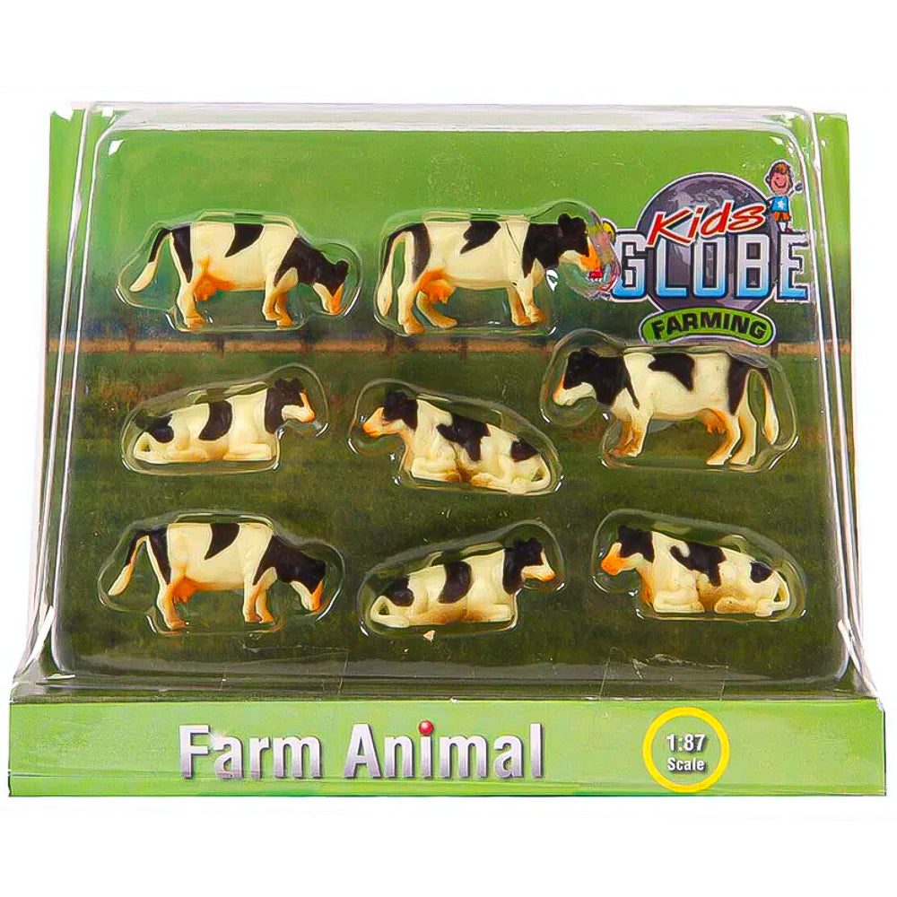 Set di 8 mucche maculate in bianco e nero in scala 1:87 sdraiate in piedi - Animali in plastica ABS