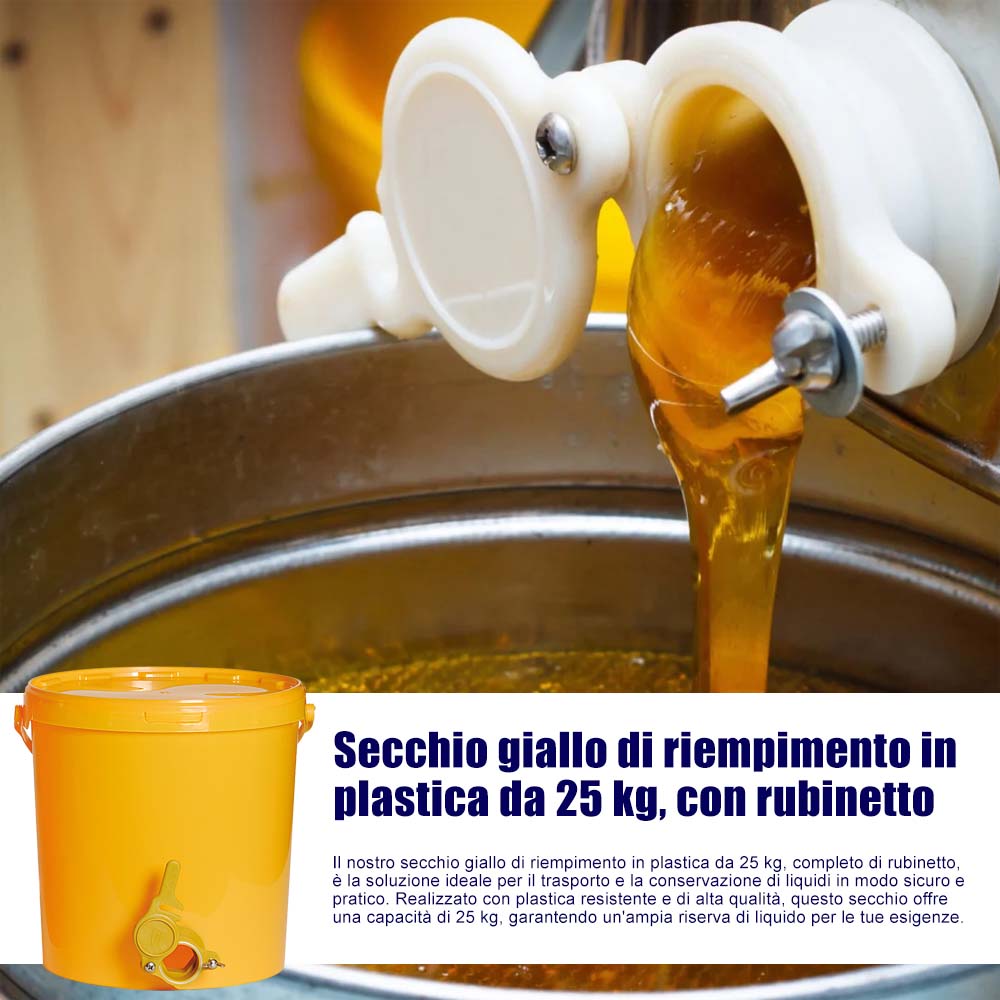 Secchio giallo di riempimento in plastica da 25 kg, con rubinetto