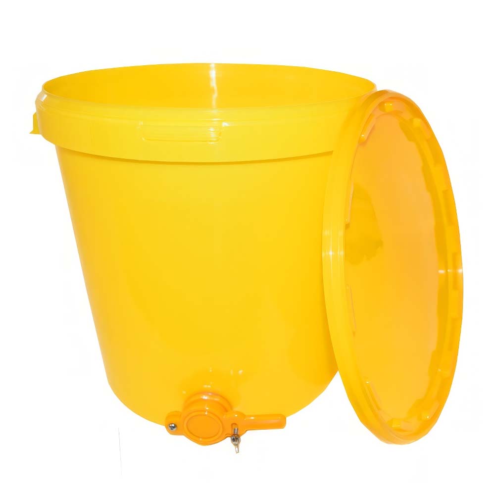 Secchio giallo di riempimento in plastica da 25 kg, con rubinetto