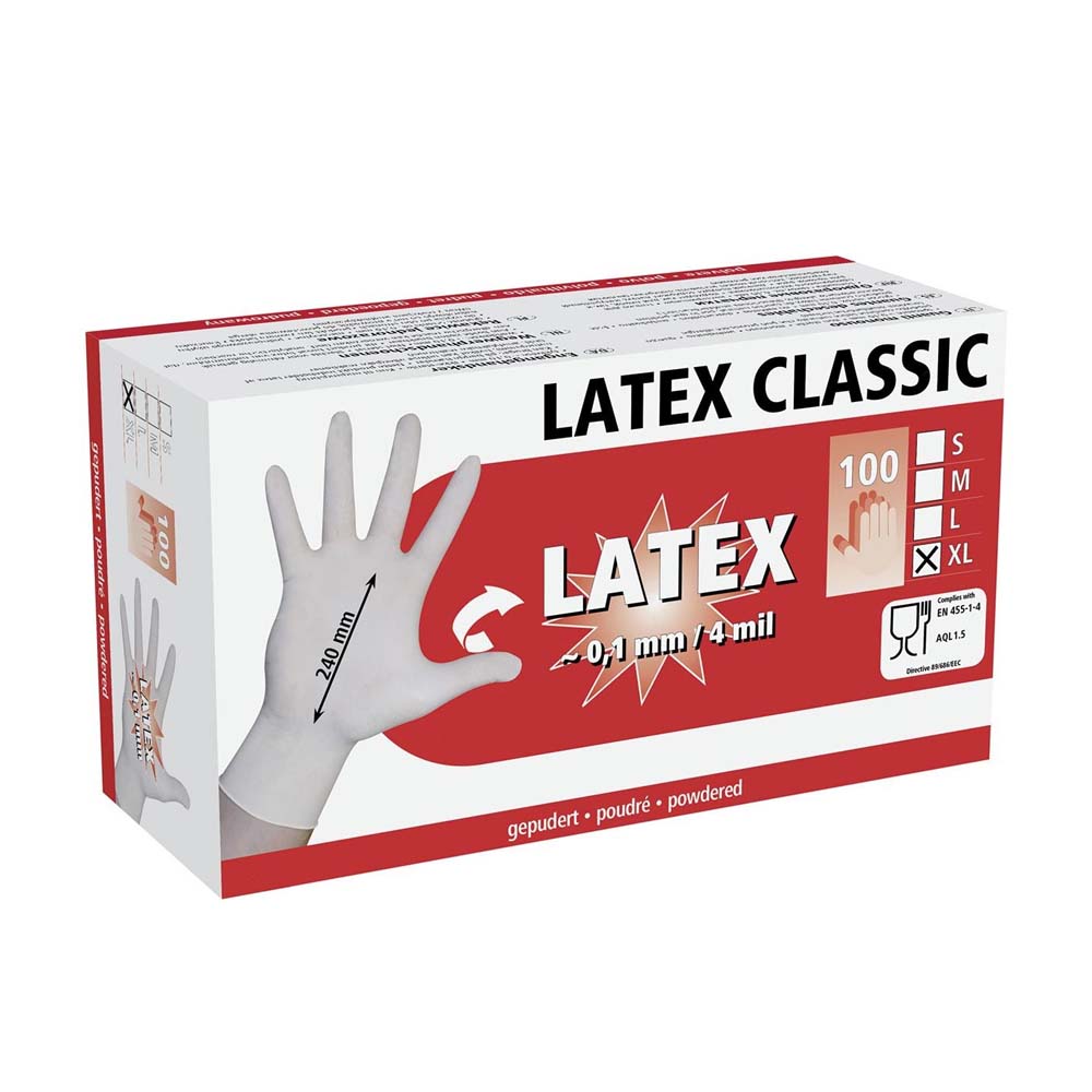Guanto monouso Latex Classic solo per uso singolo, non sterile, sicuro per gli alimenti, Bianco