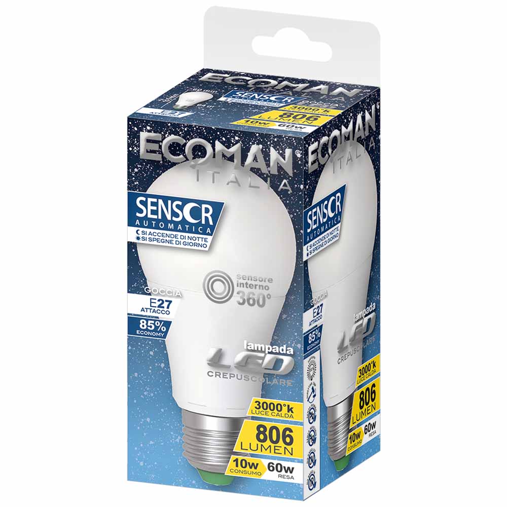 Lampadina LED Goccia 10W E27 con Sensore Luce Calda e Fredda