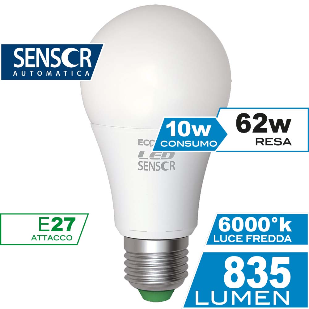 Lampadina LED Goccia 10W E27 con Sensore Luce Calda e Fredda