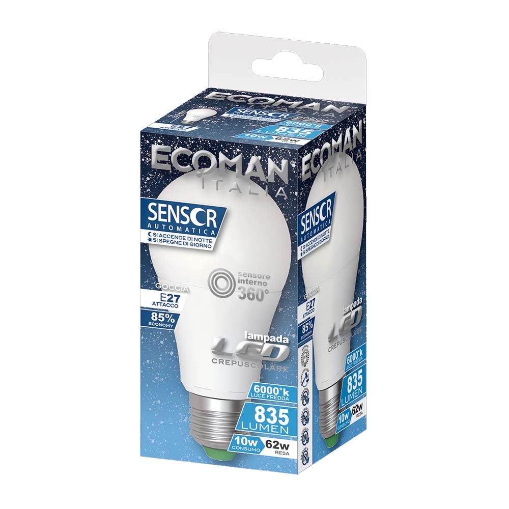 Lampadina LED Goccia 10W E27 con Sensore Luce Calda e Fredda