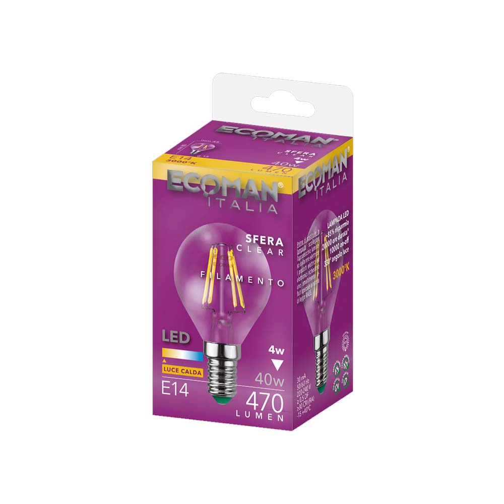 Ecoman 0030 Led Filamento Sfera 4W E14 Luce Calda