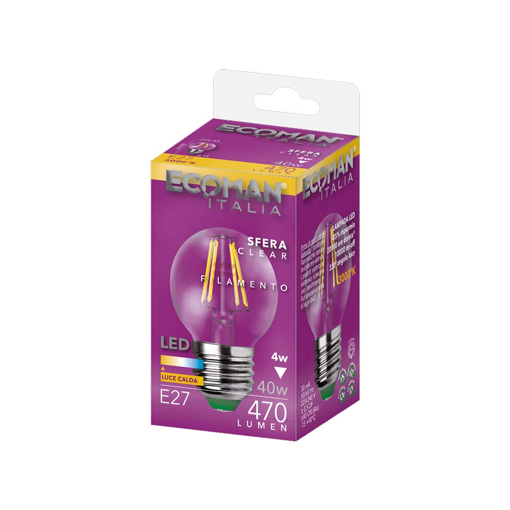 Ecoman 0031 Led Filamento Sfera 4W E27 Luce Calda