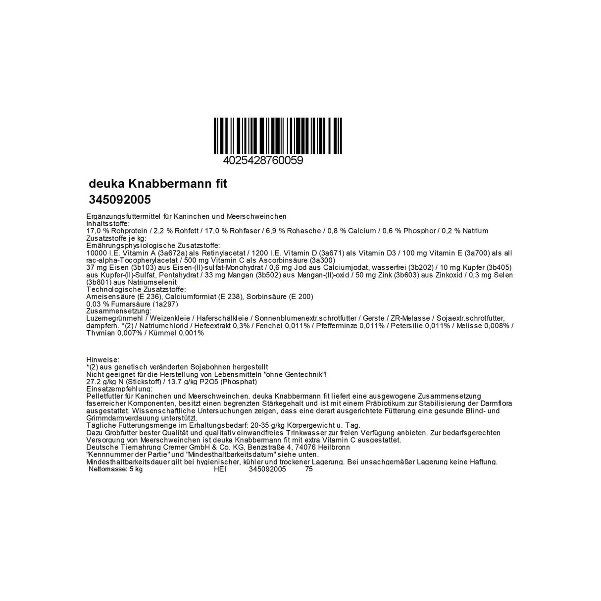 Mangime per conigli e roditori - Deuka Knabbermann Fit