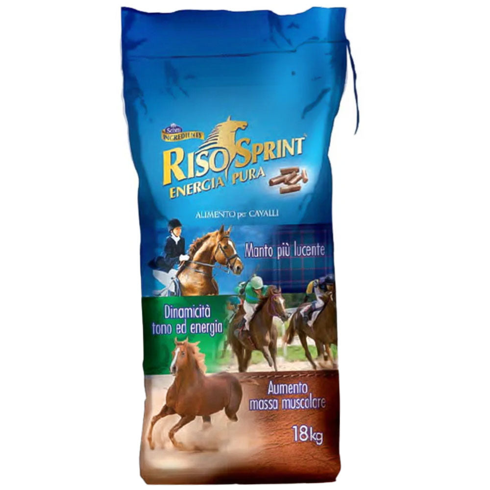 Mangime in pellet con crusca di riso stabilizzata, vitamina E e gamma orizanolo per alte prestazioni ed energia nei cavalli sportivi.