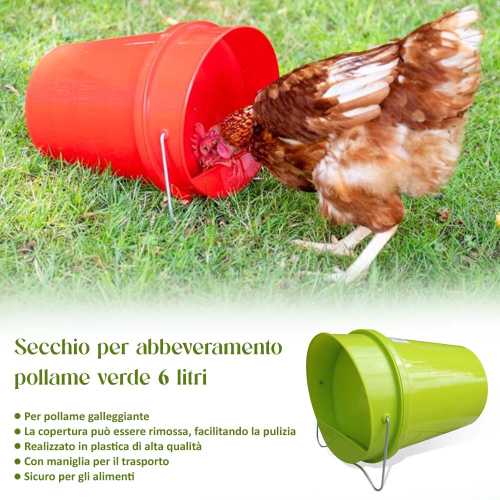 Bevitore a Secchio in Plastica 6 L. (Verde) – Resistente per Pollame con Coperchio Rimovibile