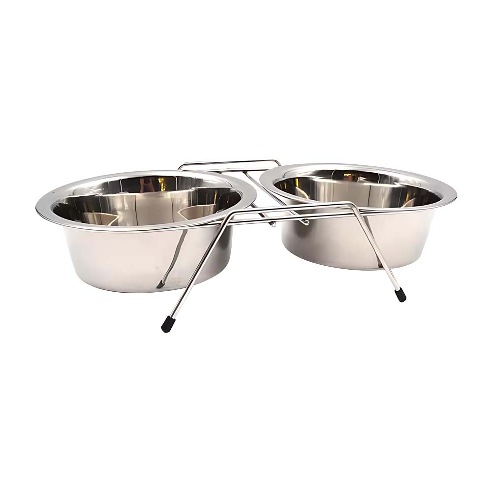 Doppio supporto per ciotole con 2 ciotole in acciaio inox