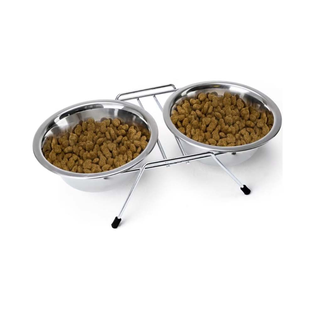 Doppio supporto per ciotole con 2 ciotole in acciaio inox