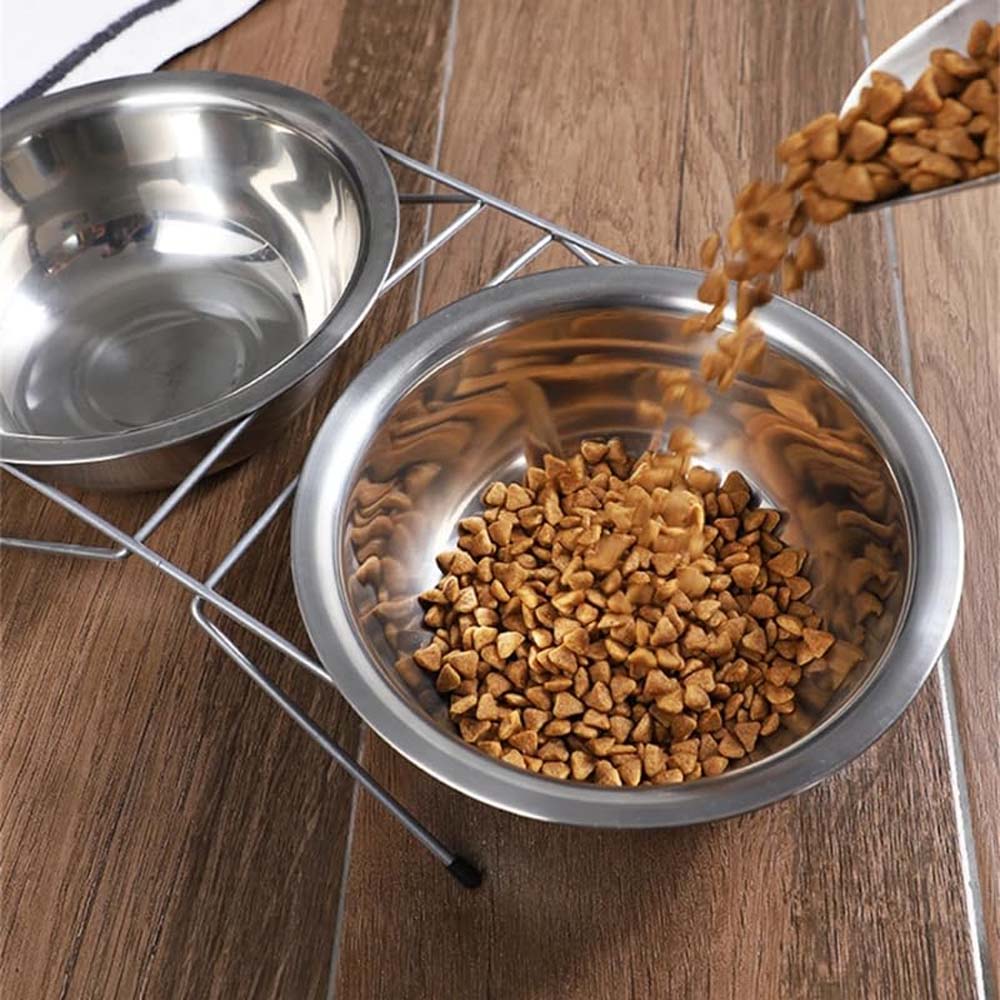 Doppio supporto per ciotole con 2 ciotole in acciaio inox