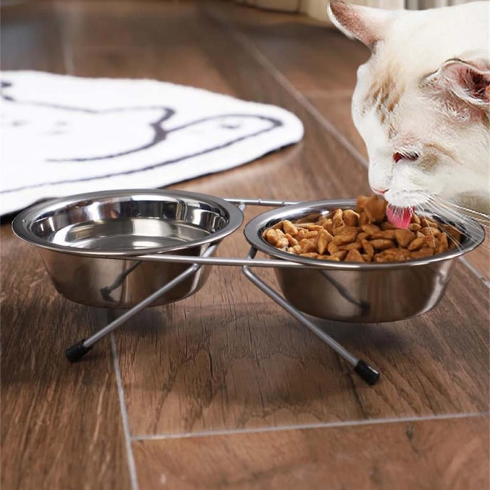 Doppio supporto per ciotole con 2 ciotole in acciaio inox