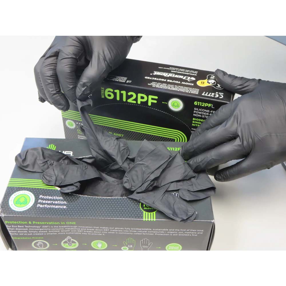 Guanti Showa 6112PF Nero 100 pezzi - monouso e biodegradabile