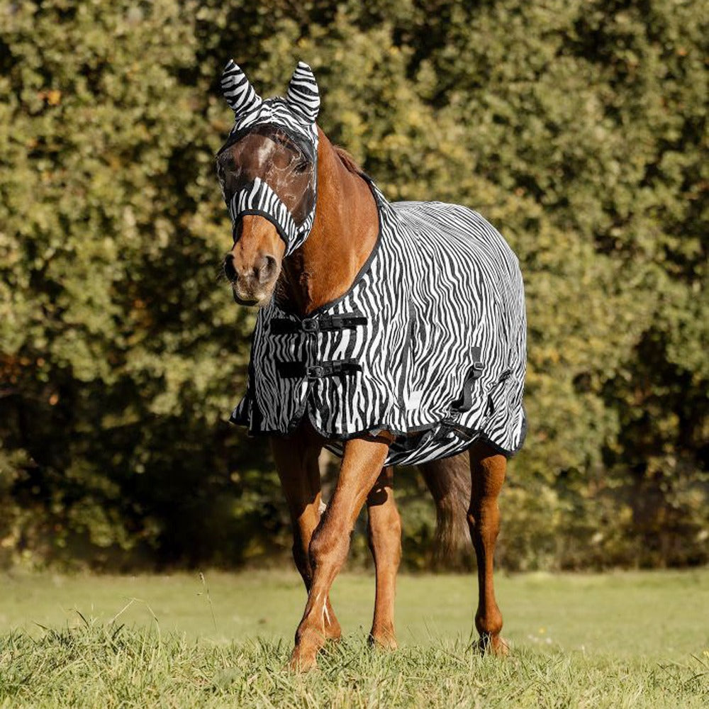 Black-White Zebra Fly Rug for Horses with Belly Flap and Tail Cover