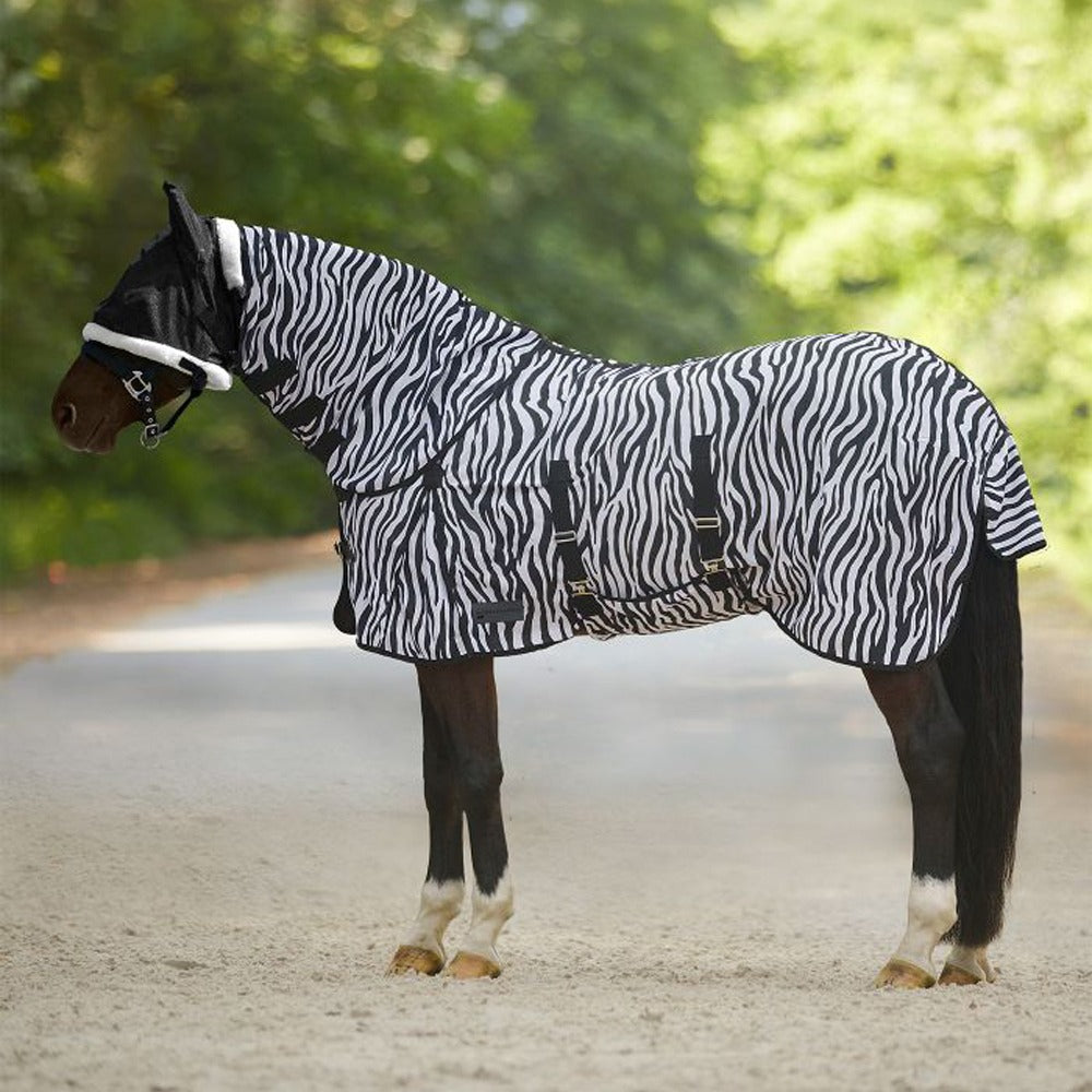 Black-White Zebra Fly Rug for Horses with Belly Flap and Tail Cover