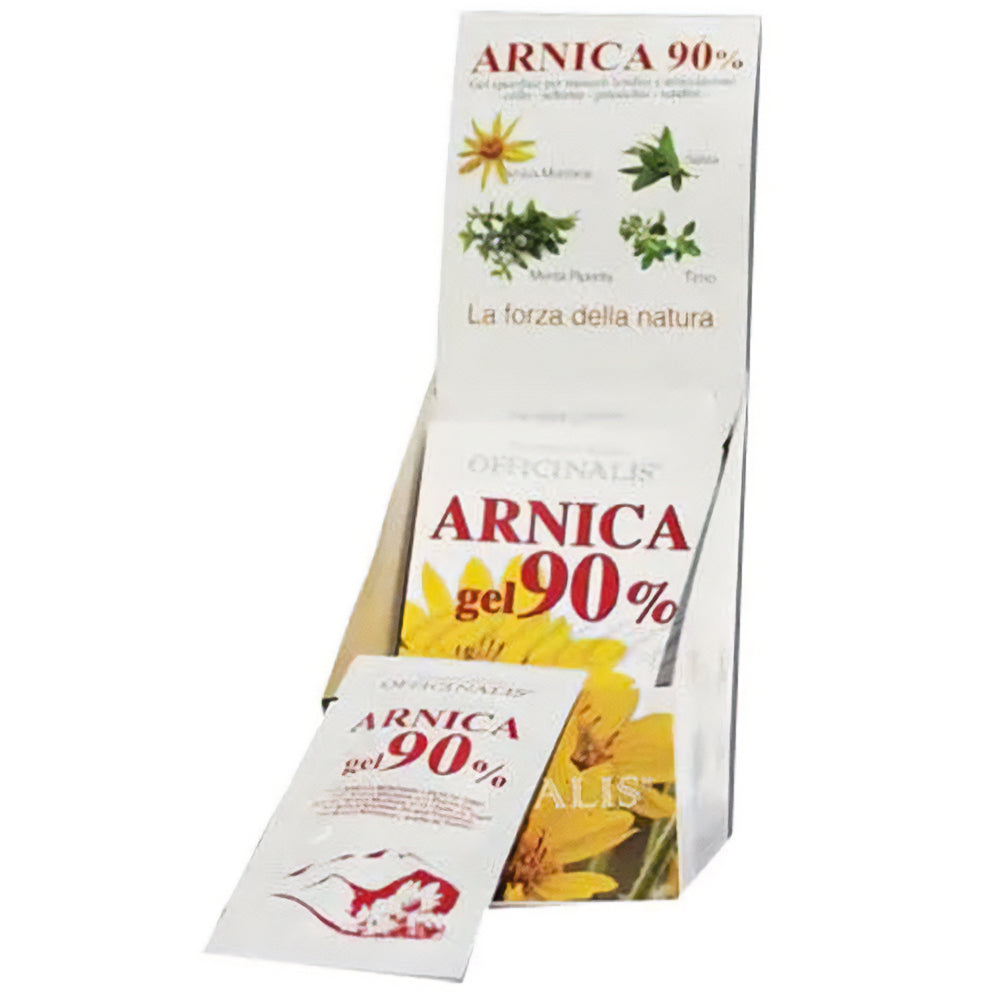Gel Arnica Officinalis 90% in bustina da 10 ml, gel naturale per dolori muscolari e contusioni con olio essenziale di menta piperita.