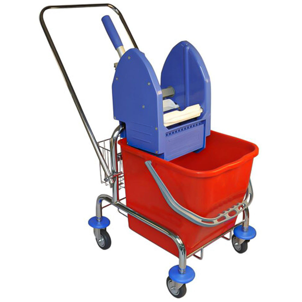 Carrello per Pulizie Singolo Cromato con Strizzatore e Secchio da 25 Litri
