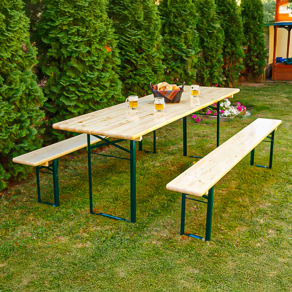 Set Birreria in Legno 220x70cm con Tavolo e Panche Pieghevoli