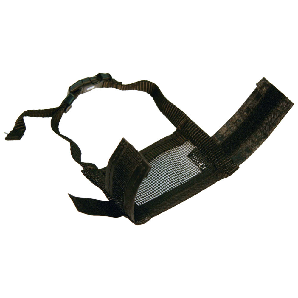 Museruola in nylon nero con chiusura a strappo e rete regolabile