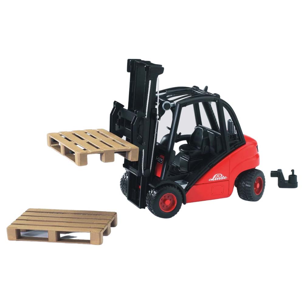 Bruder Carrello elevatore Linde H30D con attacco per rimorchio e 2 pallet in plastica