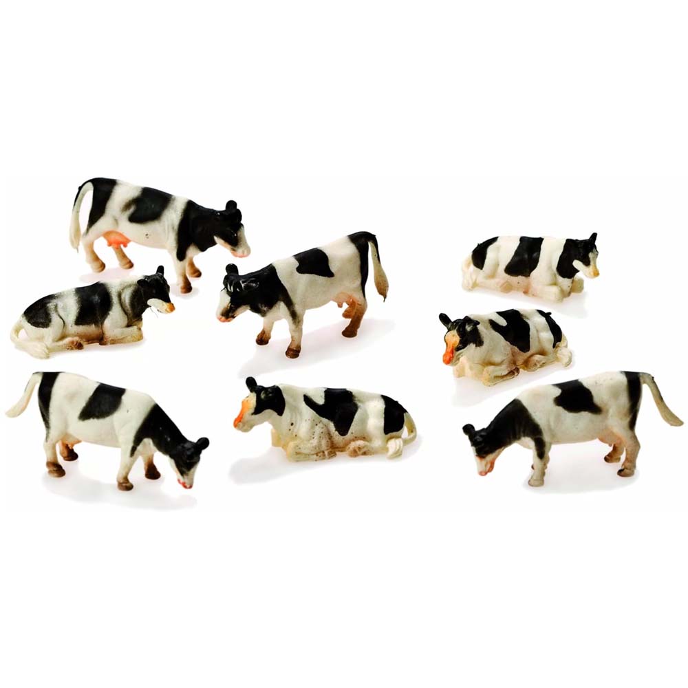 Set di 8 mucche maculate in bianco e nero in scala 1:87 sdraiate in piedi - Animali in plastica ABS