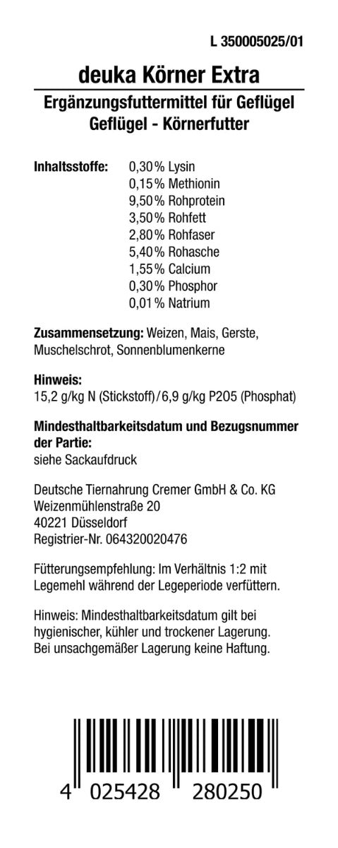 Deuka Körner Extra mangime Quaglia Quaglia granello di deposizione 25 kg