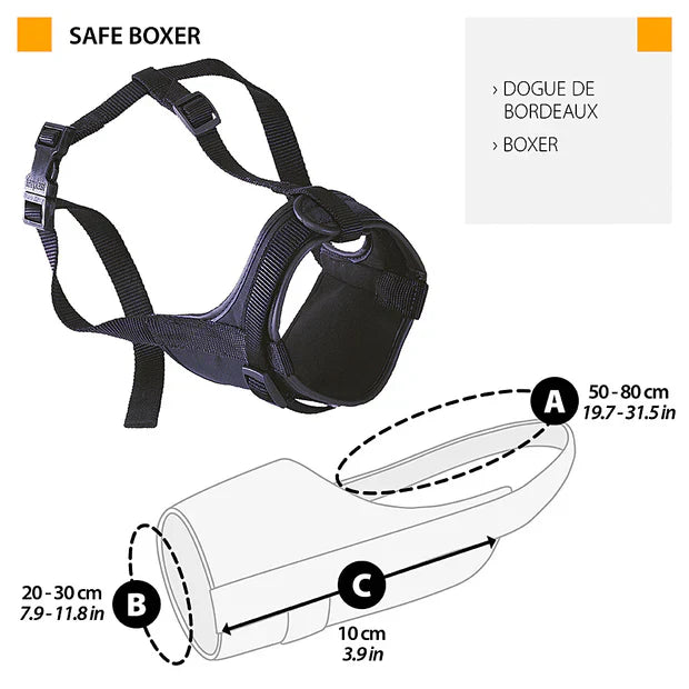 Padded and adjustable muzzle for short-snouted safe Boxer dogs