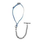 Nylon calf collar, blue/white colour, with leather trimming and single E 5 chain