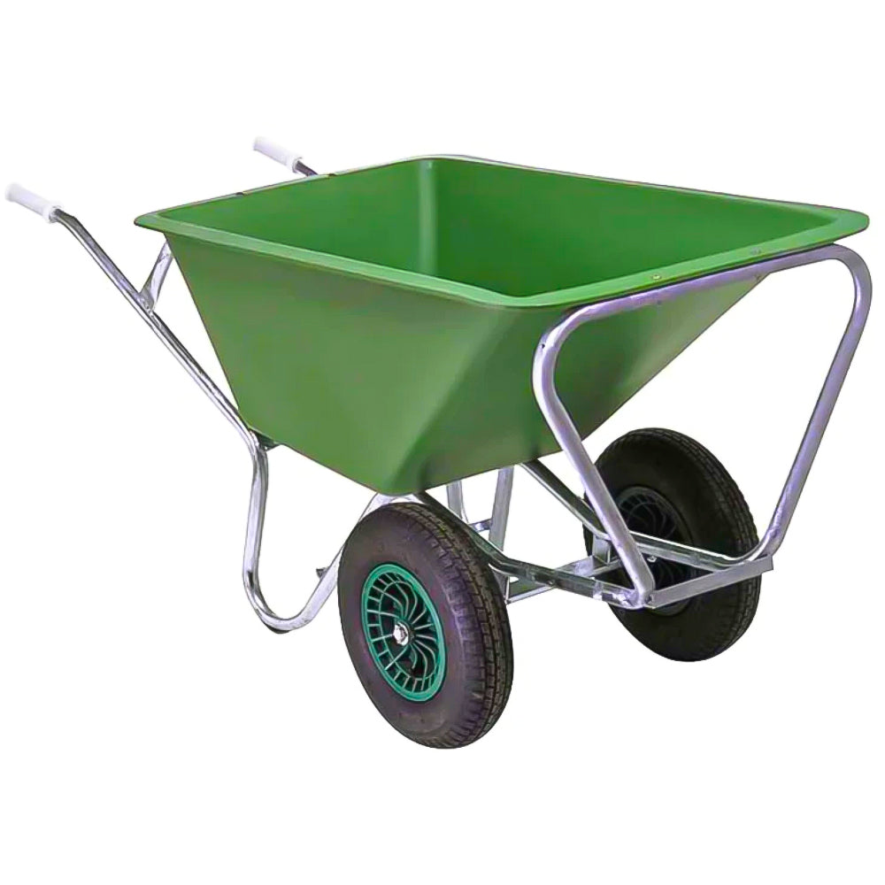 Sturdy double wheel metal wheelbarrow ideal for construction sites and garden work