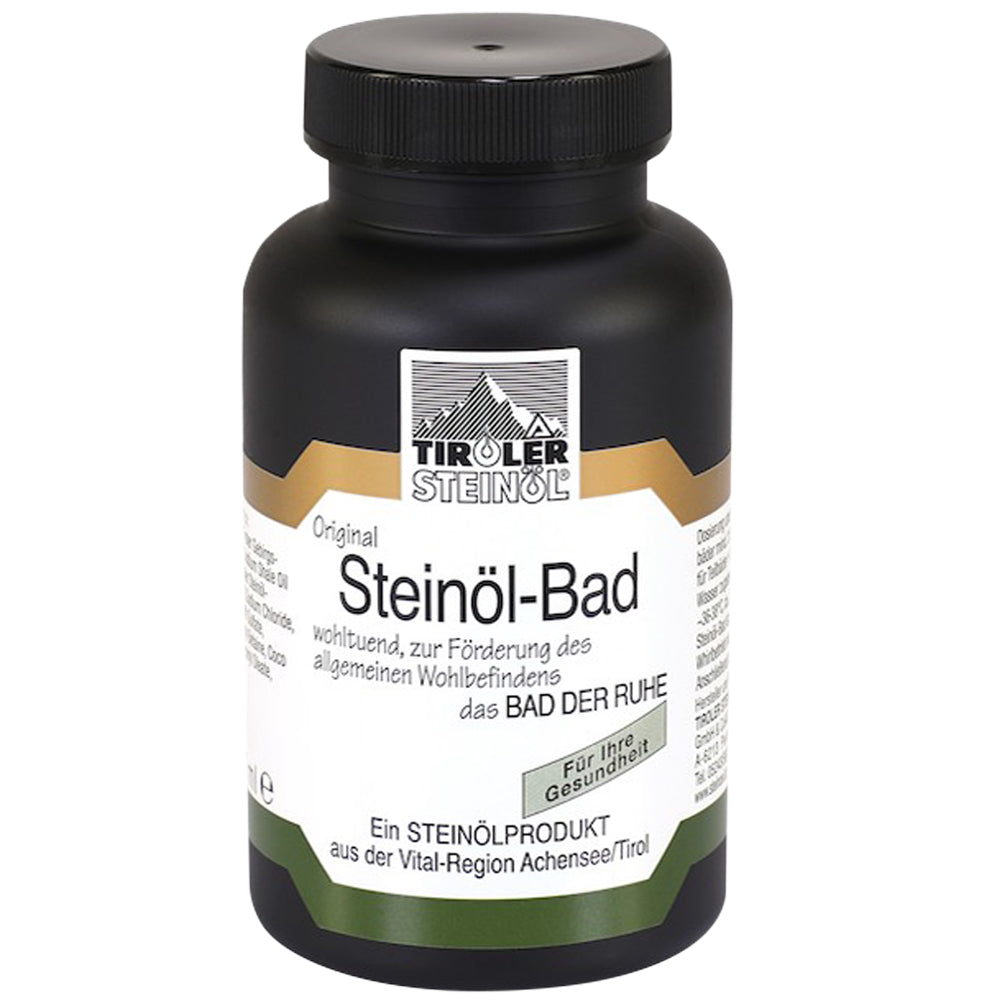 Bagno all’olio di scisto tirolese – rimedio alpino tradizionale con olio fossile naturale per lenire pelle, articolazioni e muscoli.