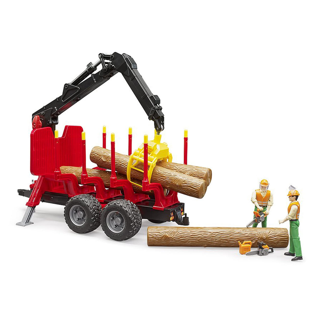 Two-axle trailer set for transporting timber, complete with crane and four logs