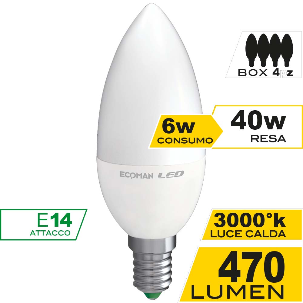 Ecoman LED Mini-Kerze 6W 3000K 4 Stück Glühbirne