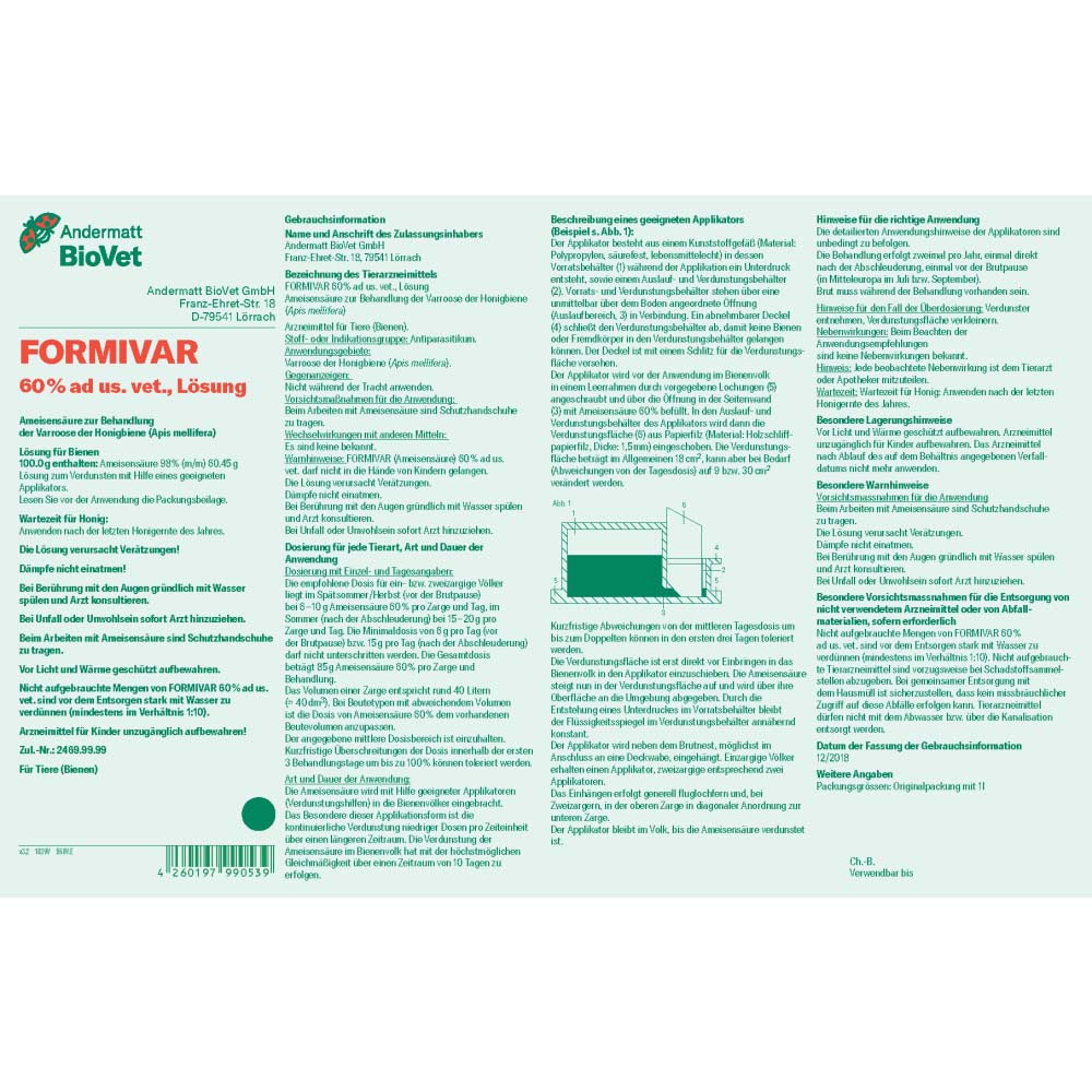 BioVet Formivar formic acid 60% - treatment of honey bees