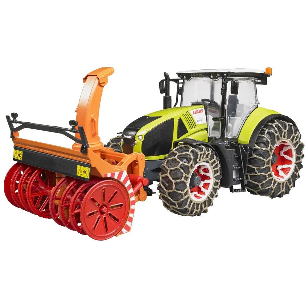 Bruder Claas Axion 950 con catene da neve e turbina da neve