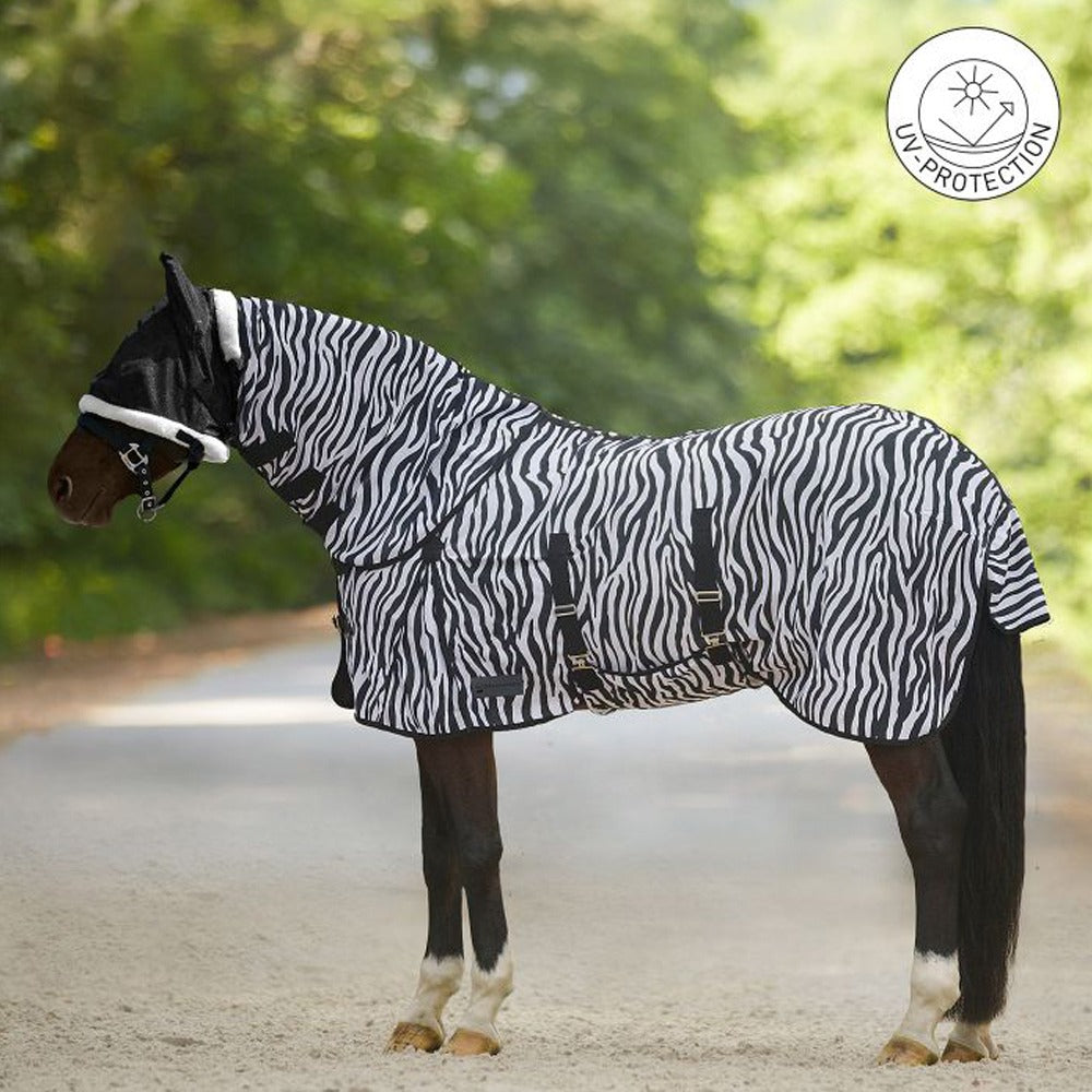 Black-White Zebra Fly Rug for Horses with Belly Flap and Tail Cover