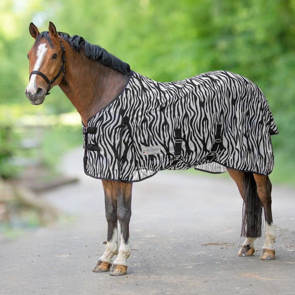 Black-White Zebra Fly Rug for Horses with Belly Flap and Tail Cover