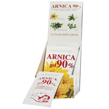 Gel Arnica Officinalis 90% in bustina da 10 ml, gel naturale per dolori muscolari e contusioni con olio essenziale di menta piperita.