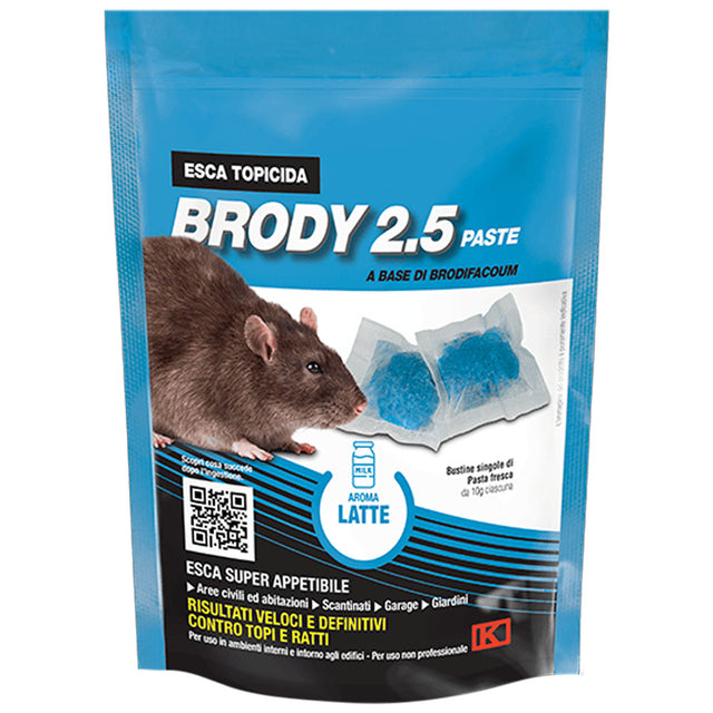 Immagine della pasta rodenticida Kollant Brody 2.5 con aroma fruttato in bustine monodose da 150g