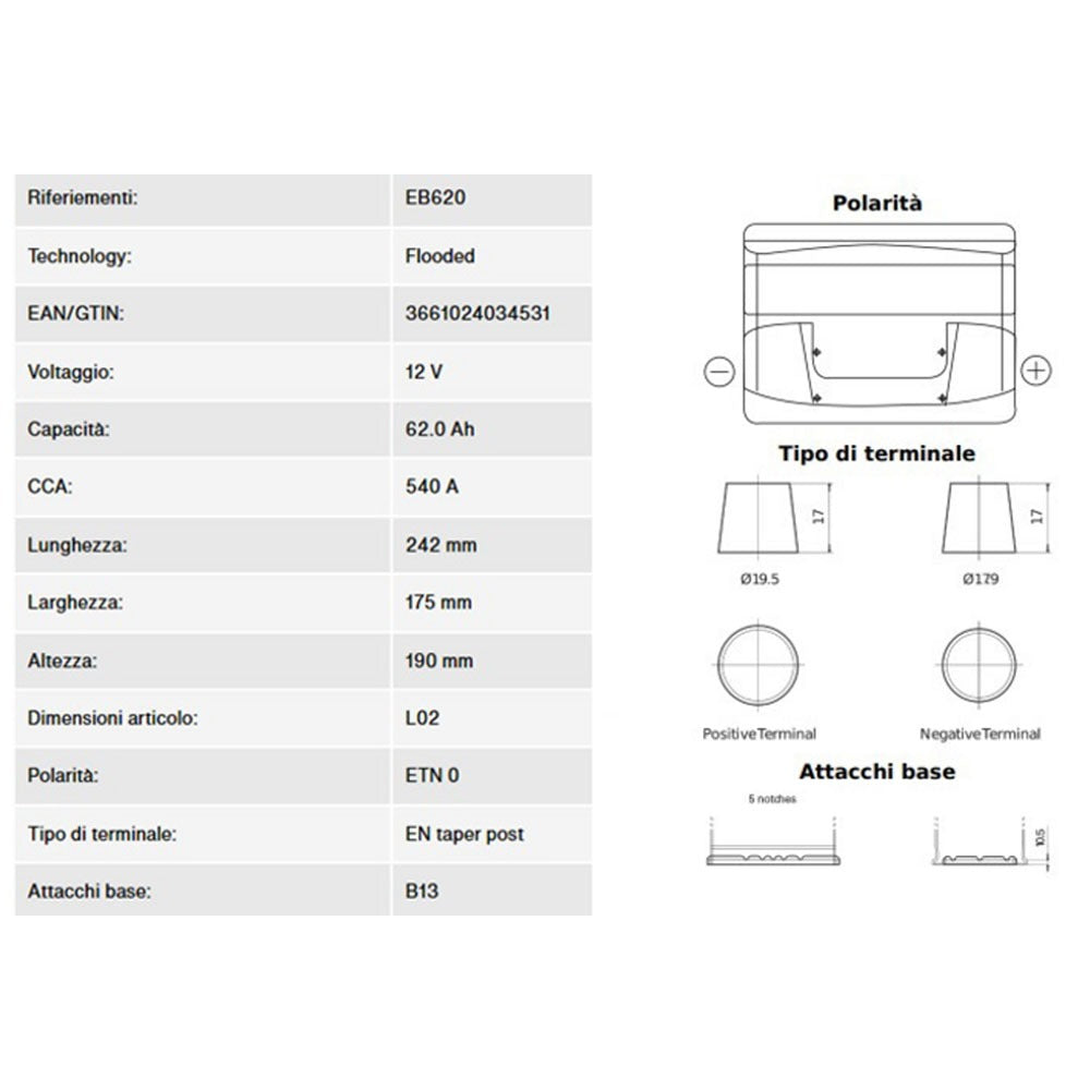 Batterie 12 V 62 Ah 540 A, Pluspol rechts